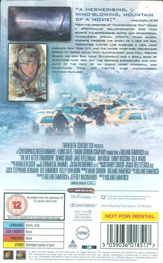 The Day After Tomorrow, VHS Video Tape, Dennis Quaid, Jake Gyllenhaal ...