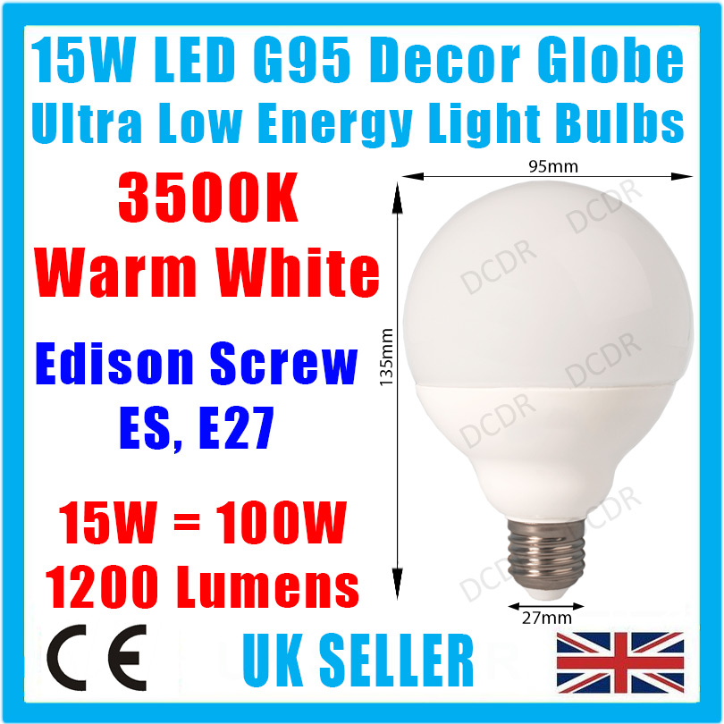1x 15W Light Bulb =100W LED G95 E27 Decor 95mm Globe 3500K White Lamp ES