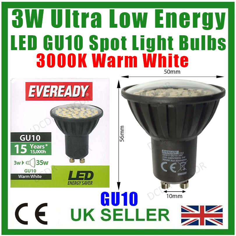 3W Eveready LED 3000K Soft Warm White Low Energy GU10 Spot Light Bulb Lamp