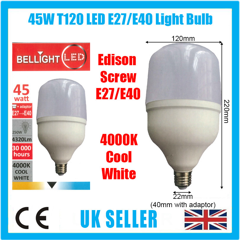 1x 45W (=250W) T120 LED Light Bulb 4000K Cool White Edison Screw ES E27/GES  E40