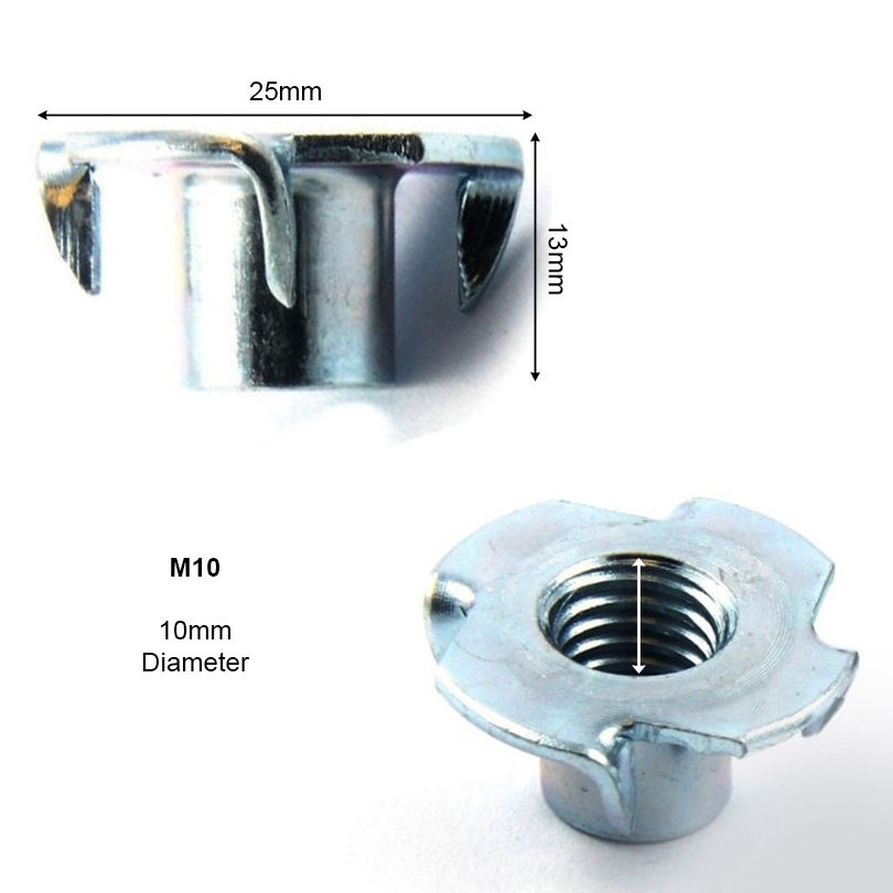 10x M12 Captive T Nuts Pronged Insert Blind Tee Nut for Fixing in Wood BZP Steel 