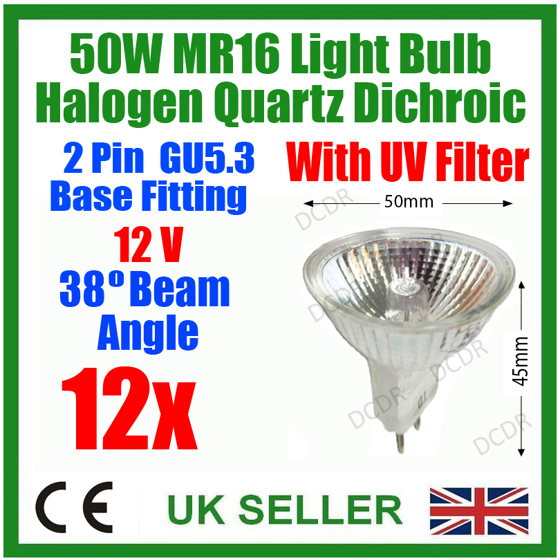 12x 50W MR16 GU5.3 12V Halogen Dichroic UV Filter Dimmable Spot Light Bulbs Lamp