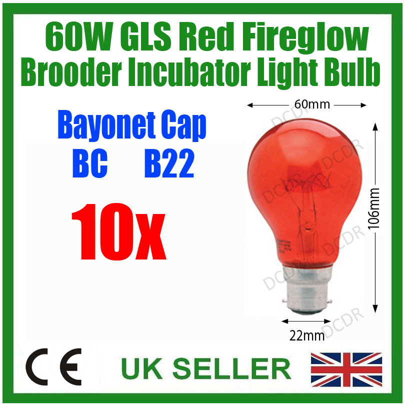 10 X RED 60W GLS FIREGLOW LIGHT BULBS BAYONET CAP BC B22 LAMPS INCUBATOR BROODER 